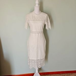 LuLus White Sheer Lace Short Sleeve Mini Dress